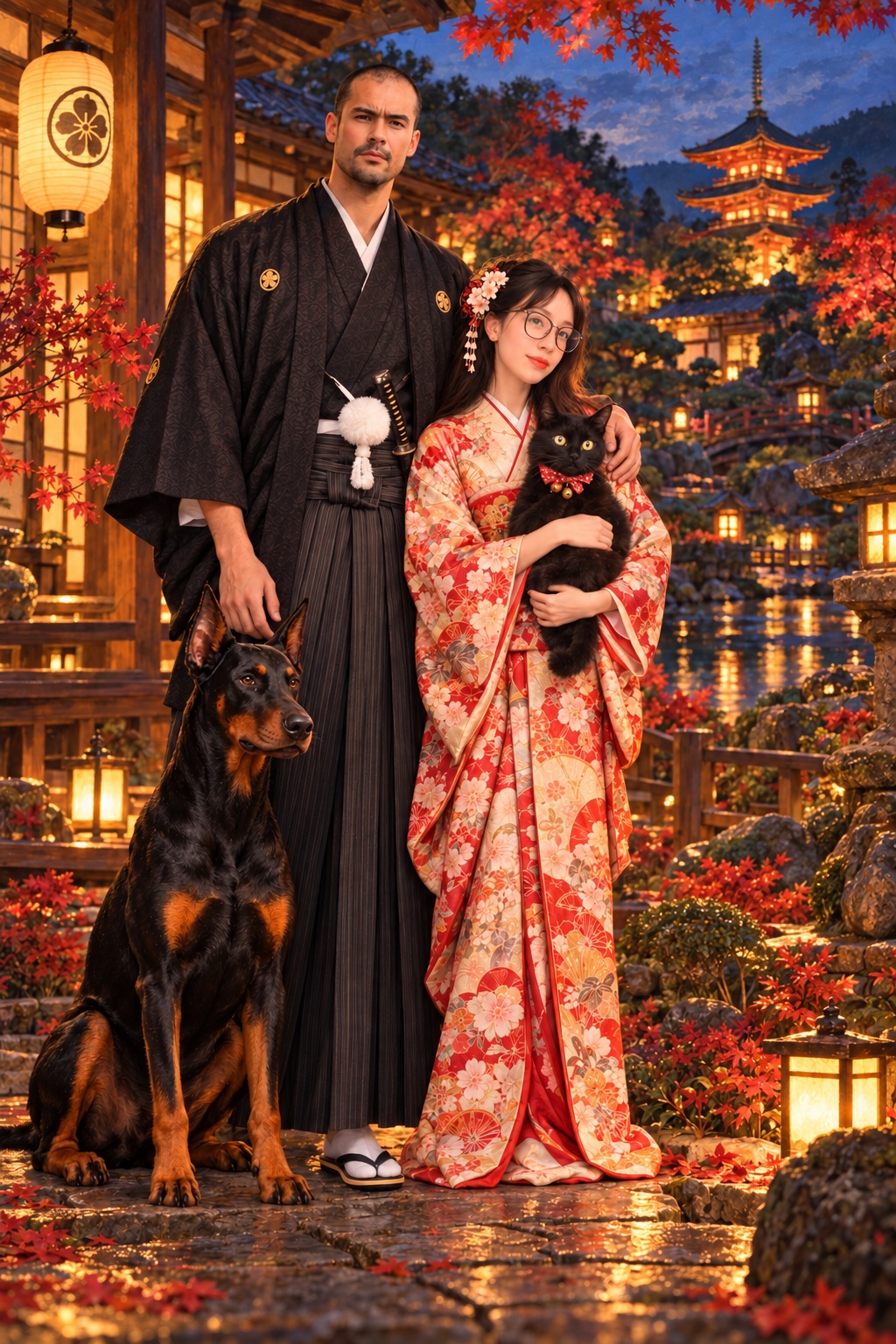 The couple with their Doberman and black cat in a golden lantern-lit Kyoto garden, painted in a Rembrandt-inspired style.