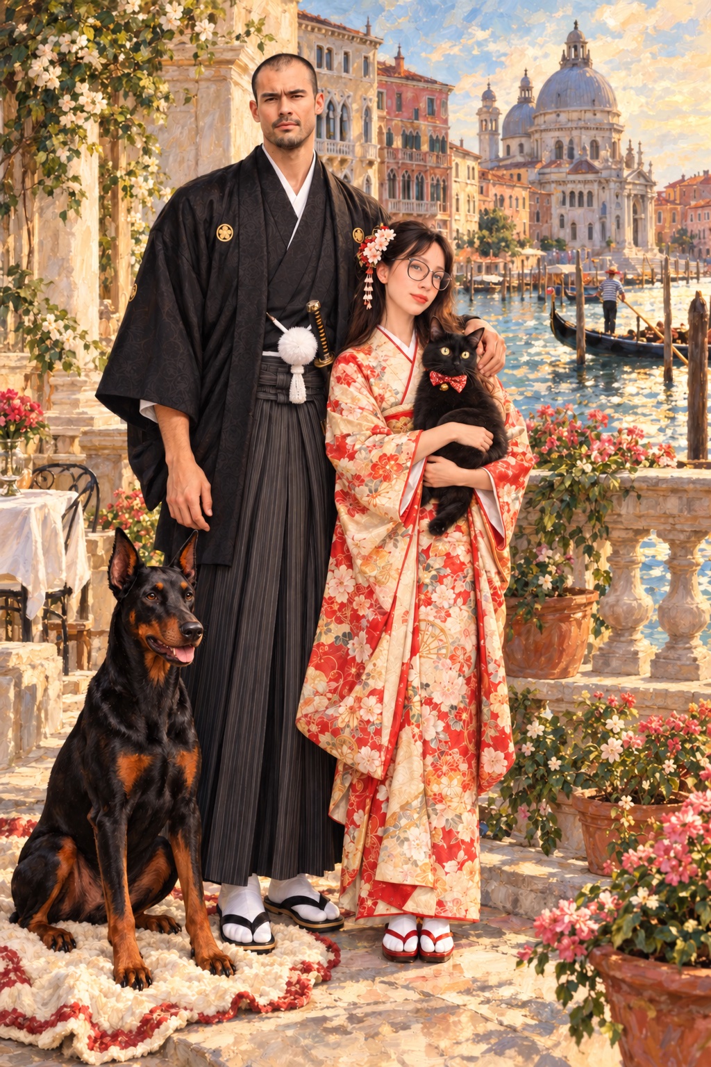 The couple and their two pets on a Venetian terrace beside the Grand Canal, in a Manet-inspired painting.