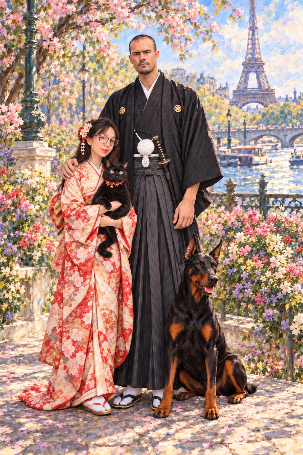 A Monet-inspired painting of the couple, Doberman and black cat in a flowering Paris garden with the Eiffel Tower behind them.