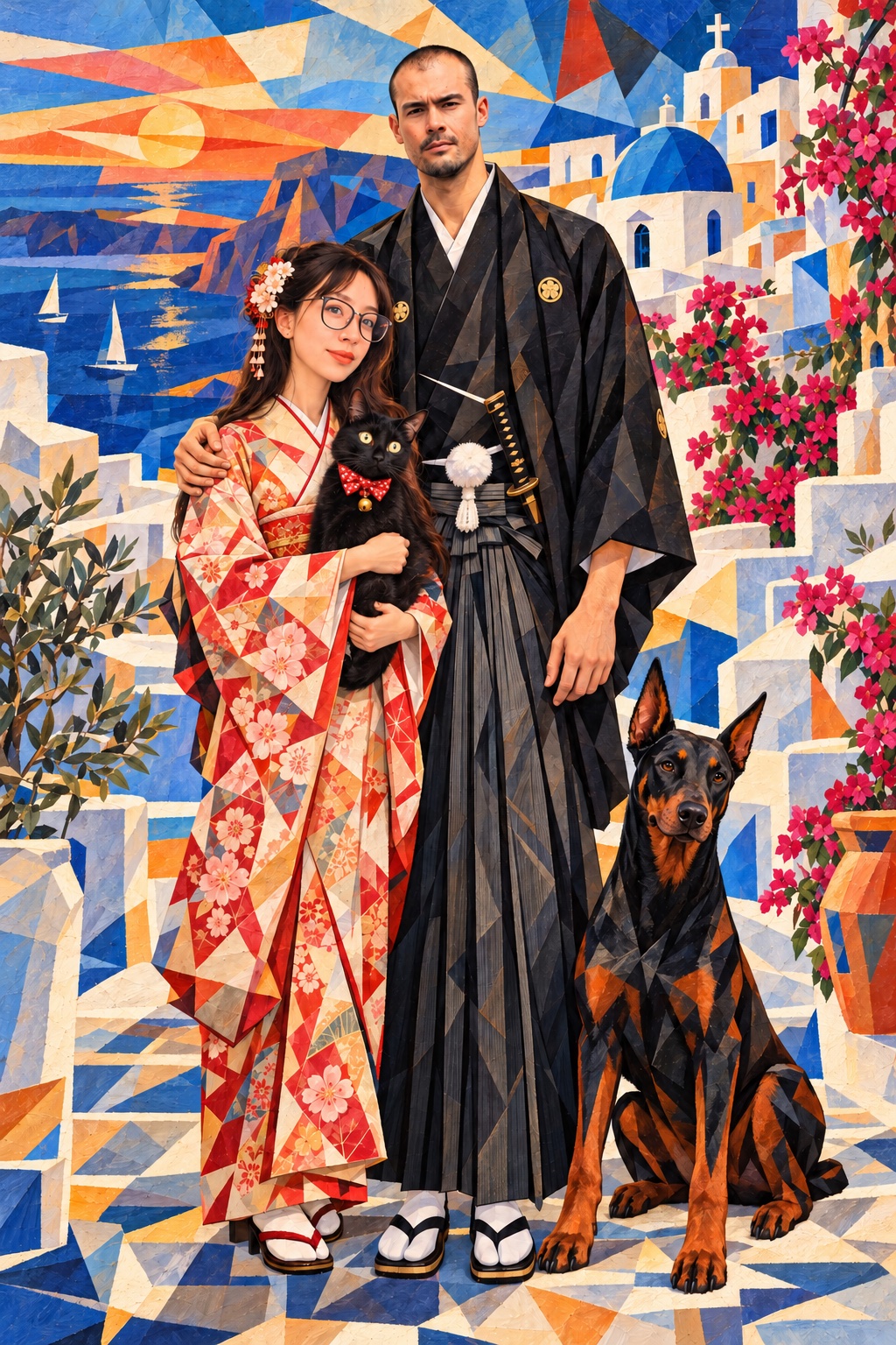 A colorful Picasso-inspired Cubist family portrait with the pets on a Santorini terrace above the blue Aegean Sea.