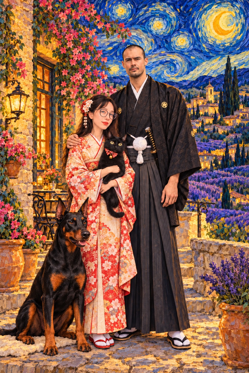 The couple and their pets beneath a swirling star-filled sky over Provence, painted with Van Gogh-inspired brushwork.