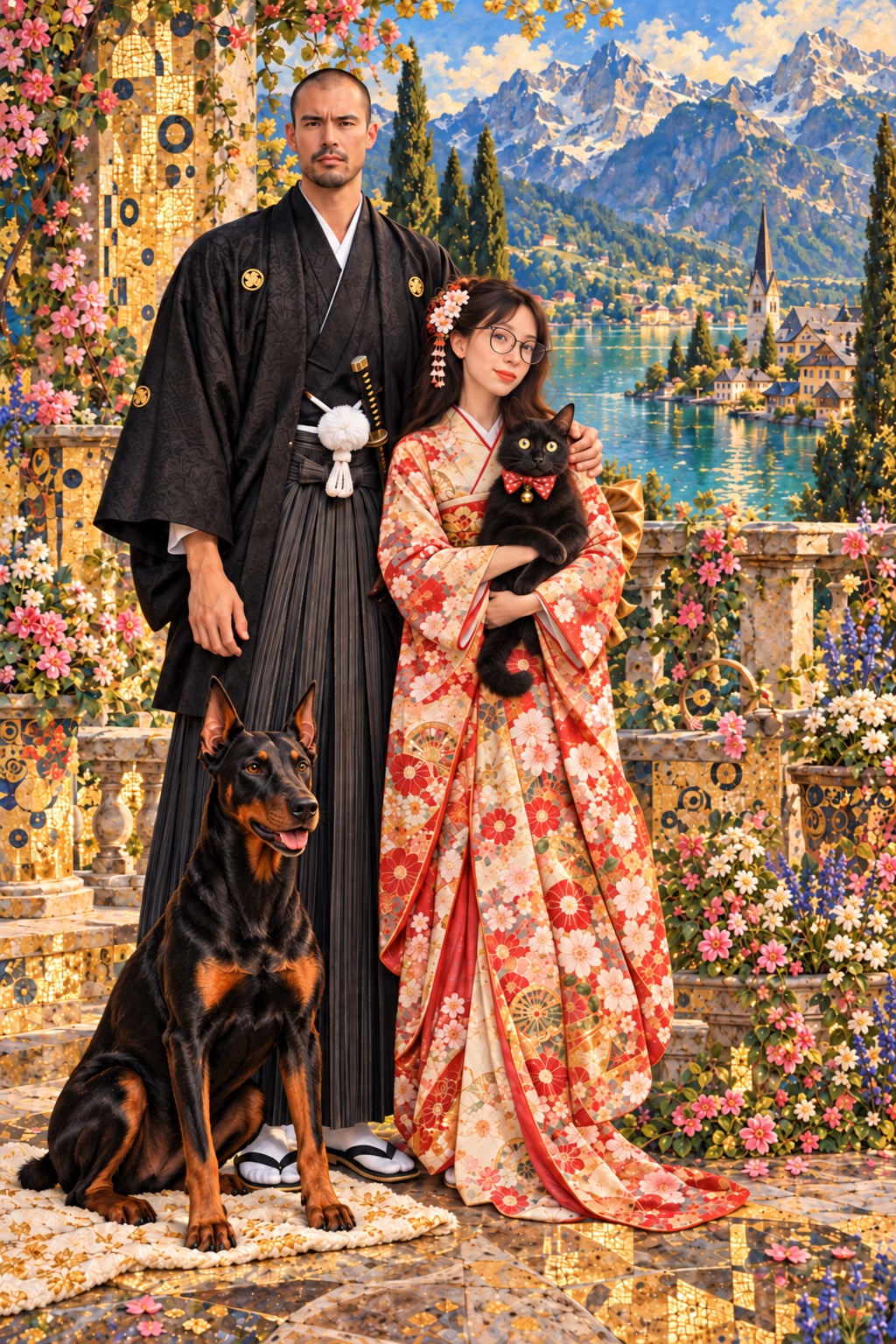 A Klimt-inspired gold and floral portrait of the couple and their pets beside an emerald Alpine lake.